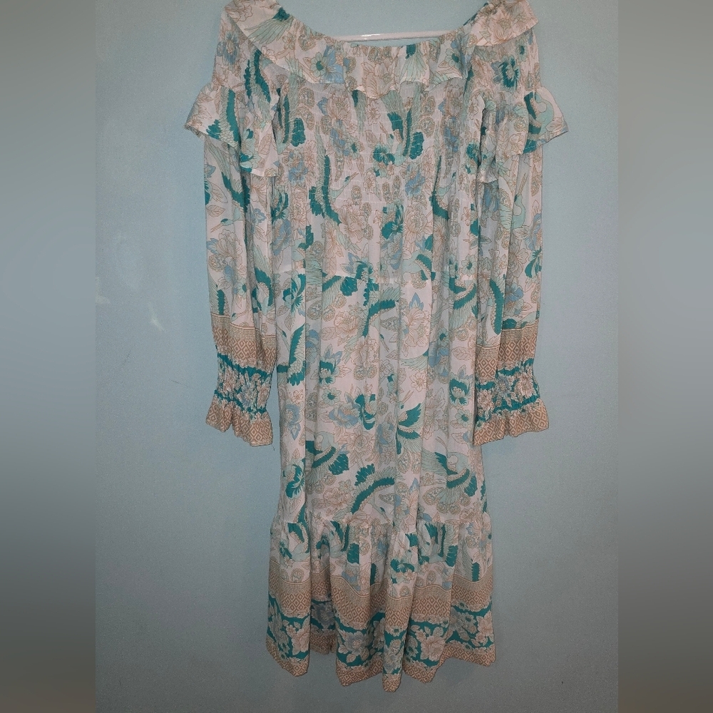 Sea Lustre Off Shoulder Smocked Teal and Beige Dress Floral Luxe Fabric